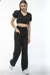 Kadin Keten Pantalon Ve Crop Takım - Siyah