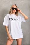 Unisex Baskılı Oversize T-Shirt - Beyaz