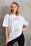 Unisex Taş Desenli Oversize T-Shirt - Beyaz