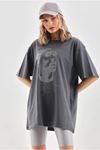 Unisex Taş Desenli Oversize T-Shirt - Füme