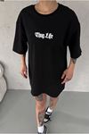 Unisex Bisiklet Yaka Baskılı Oversize T-Shirt - Siyah