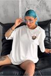 Unisex Bisiklet Yaka Baskılı Oversize T-Shirt - Beyaz