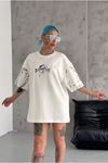 Unisex Bisiklet Yaka Baskılı Oversize T-Shirt - Beyaz