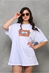 Unisex Bisiklet Yaka Baskılı Oversize T-Shirt - Beyaz