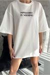 Unisex Bisiklet Yaka Baskılı Oversize T-Shirt - Beyaz