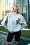 Unisex Bisiklet Yaka Baskılı Oversize T-Shirt - Boyalı Gri