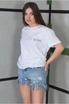 Unisex Bisiklet Yaka Baskılı Oversize T-Shirt- Beyaz