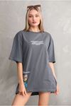 Unisex Bisiklet Yaka Baskılı Oversize T-Shirt - Gri