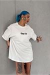 Unisex Bisiklet Yaka Baskılı Oversize T-Shirt - Beyaz