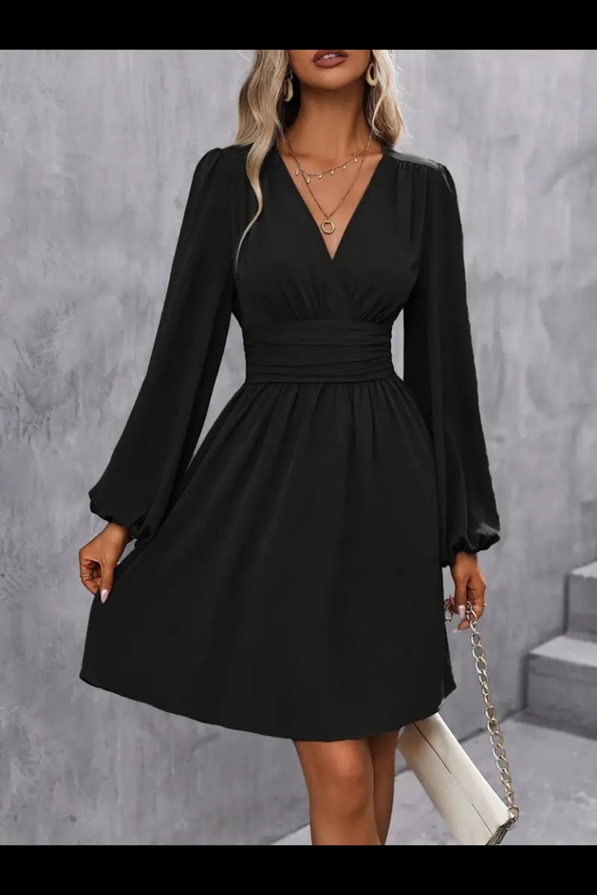 Kadın Kruvaze Yaka Belden Oturtmalı Uzun Kollu Büzgü Detaylı Kiloş Sandy Elbise - Görsel 4