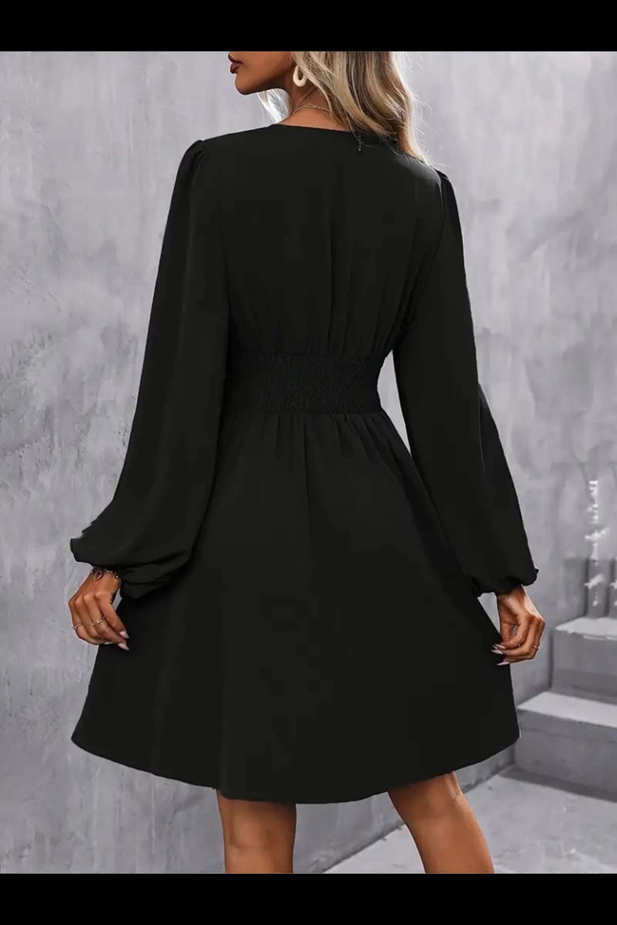 Kadın Kruvaze Yaka Belden Oturtmalı Uzun Kollu Büzgü Detaylı Kiloş Sandy Elbise - Görsel 5